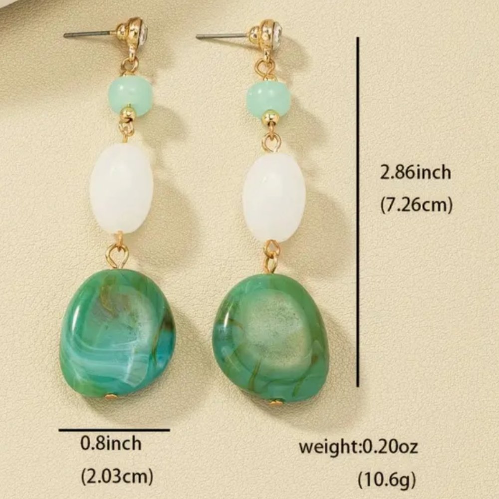 Gold Green & Pearl Color Tone Fringe Earrings 14K Gold Plated Rhinestone Inlaid